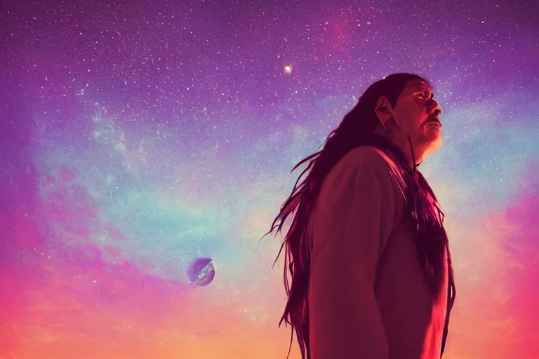 Image similar to photograph of a spiritual native american man looking up at the stars, art, universe, blender, pastel colors, synthwave, retro, cyberpunk,