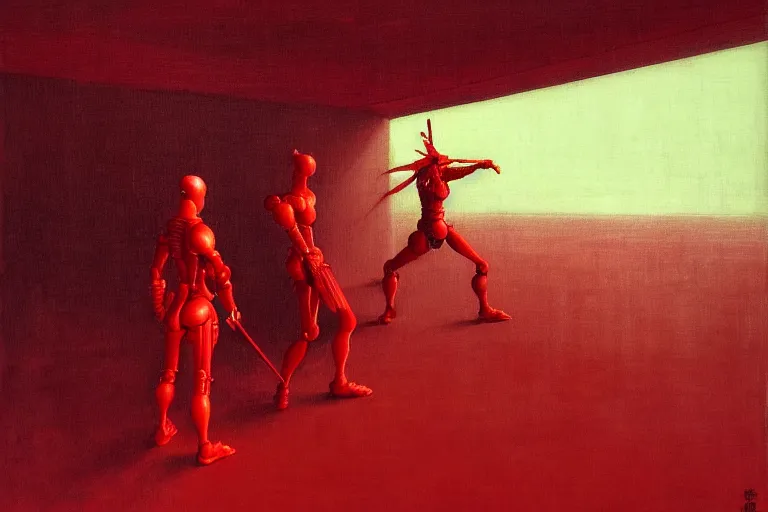 Image similar to only with red, a red cyborg samurai, tokio futuristic in background, some evil yokai fight, in the style of beksinski, parts by edward hopper, parts by rodcenko, parts by yue minjun, intricate and epic composition, red by caravaggio, insanely quality, highly detailed, masterpiece, red light, artstation, 4 k