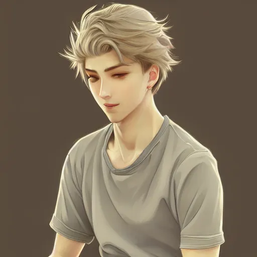 Prompt: young man with short, ash blond greyish hair, light brown eyes, casual clothes, relaxing, happy, path traced, highly detailed, high quality, digital painting, by studio ghibli and alphonse mucha, beautiful details, soft and cosy