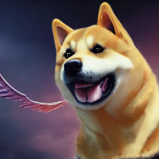 Prompt: an oil painting of a shiba inu with demon wings, hd, hdr, ue 5, ue 6, unreal engine 5, cinematic 4 k wallpaper, 8 k, ultra detailed, high resolution, artstation, award winning
