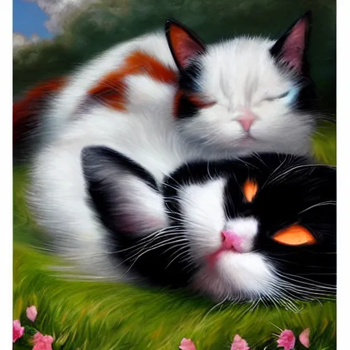 Image similar to a black and white cat and a tri-color calico cat sleeping peacefully together in cat heaven, puffy clouds, dreamy, painted by Tyler Edlin, very very very very crispy