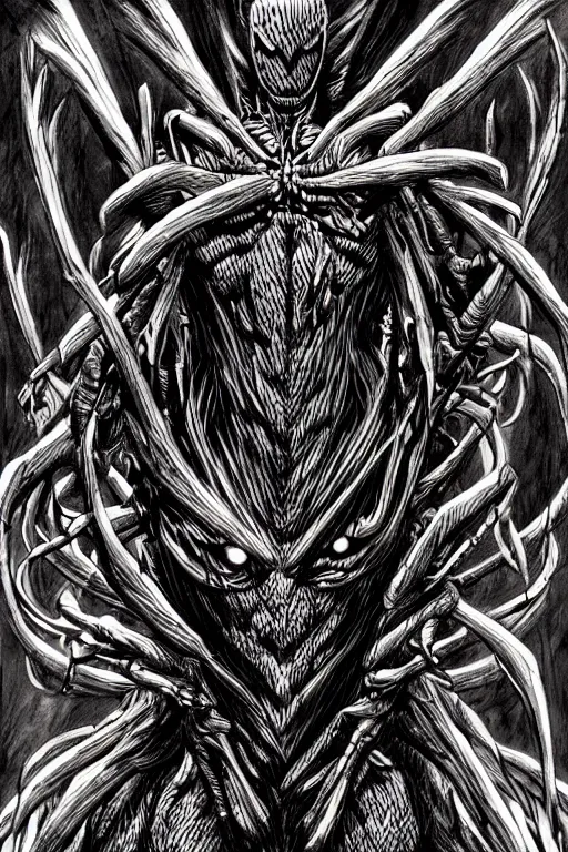 Image similar to spider humanoid figure monster, symmetrical, highly detailed, digital art, sharp focus, trending on art station, kentaro miura manga art style