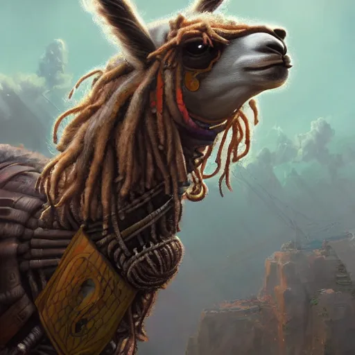 Prompt: llama with dreadlocks, heroic pose, industrial sci-fi, by Mandy Jurgens, Ernst Haeckel, James Jean, artstation, concept art