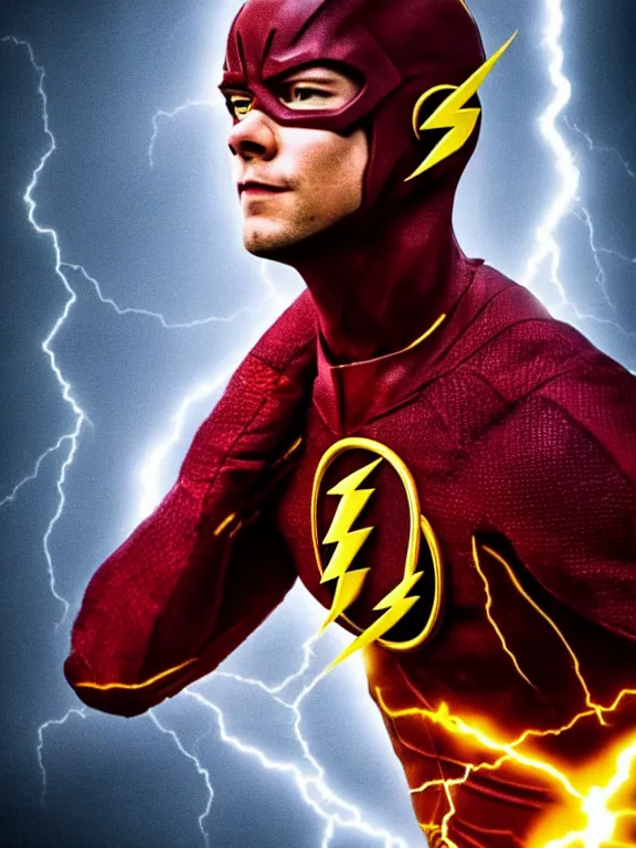 Image similar to portrait, dylan o'brien as the flash, lightning!!!, hyperrealism, moody lighting, intricate, 8 k