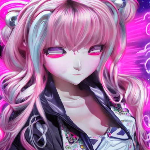 Image similar to unexpectedly trapped beneath stunningly absurdly huge beautiful omnipotent asi goddess junko enoshima with multiple enigmatic complex twisted deceptive mesmerizing megalomaniacal yandere personalities, symmetrical perfect face, porcelain skin, pink twintail hair and cyan eyes, ultra detailed, digital art, unreal engine 5, octane render, 2 d anime, 8 k