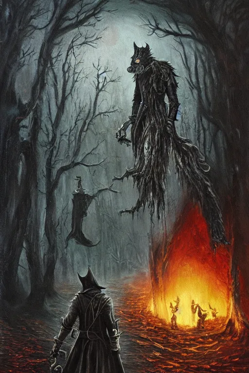 Image similar to bloodborne werewolf oil painting, horror, lovecraftian horror, bloody, pools of blood, reflecting