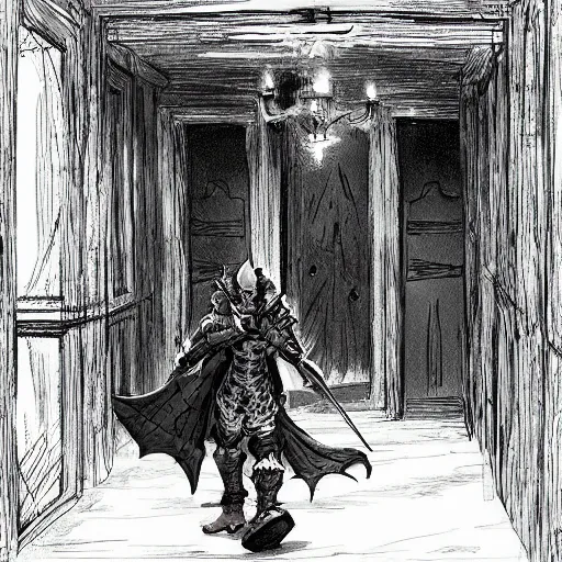 Prompt: A rogue sneaking inside of a manor. Dark Fantasy. Dungeon and Dragons. Artstation.