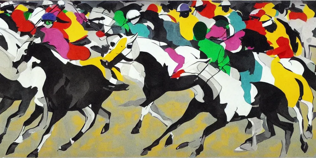 Image similar to horse race, black and white with color highlights, italian futurism style