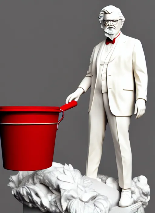 Prompt: colonel sanders with kfc bucket as marble statue by michaelangelo, realistic 3 d render, high lights, 4 k, high detailed photography cape, 5 0 mm lens, depth of field, cinematic