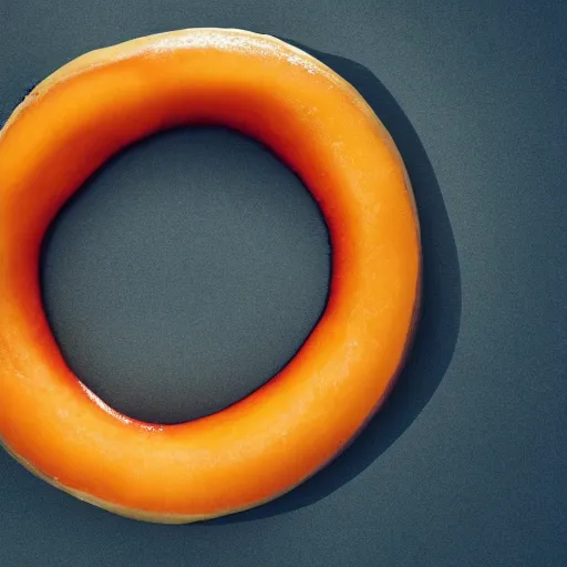 Prompt: Perfectly circular donut!!!!! in the style and shape of a mango!!!!!!, blended colors!!!!!, trending on artstation, 4k, 8k, professional photography, overhead shot, 35mm lens