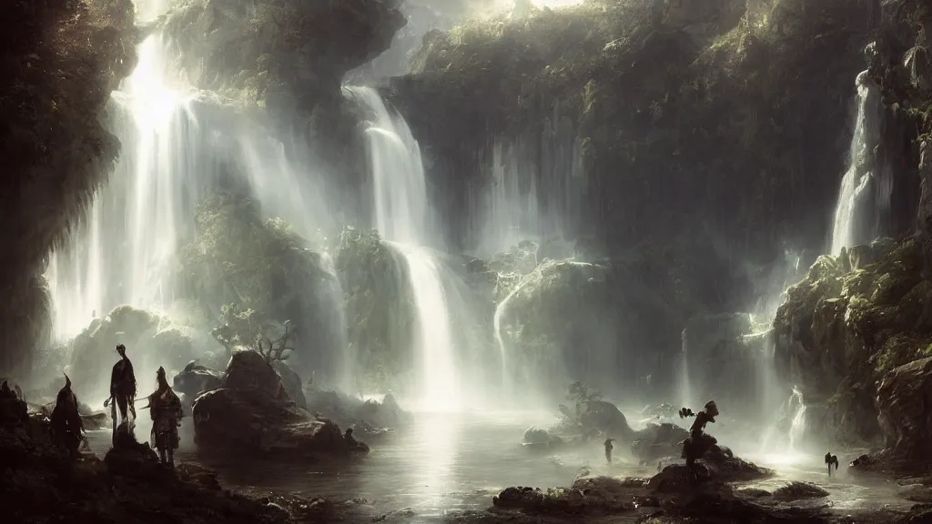 Prompt: the elven kingdom lies beneath the great underground waterfall. andreas achenbach, artgerm, mikko lagerstedt, zack snyder, tokujin yoshioka