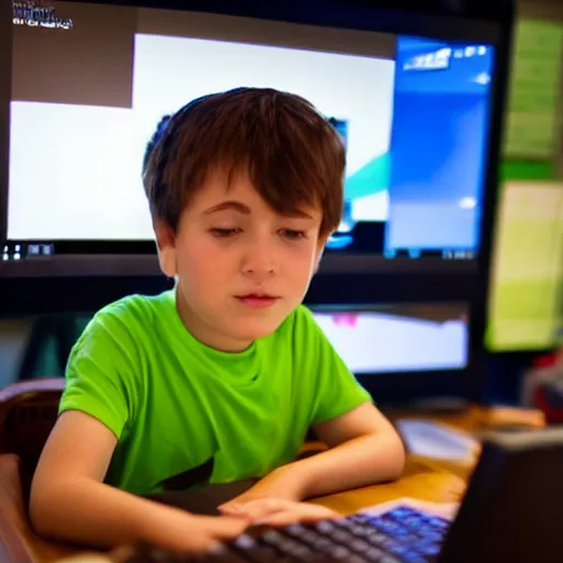 Prompt: a kid with eyes bulging staring at a bright computer screen at night playing minecraft