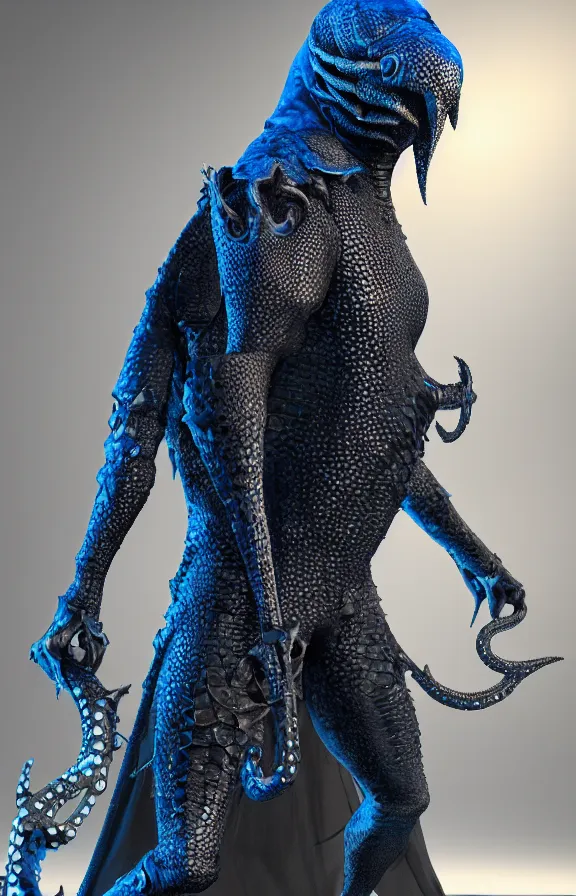 Image similar to detailed hypperrealistic artstation render, full body front view of a scaly black cloaked man, wearing a metallic blue squid mask. he holds in his clawed hands horizontally a large knights steel greatsword, in addition tentacles emerge from his back like wings