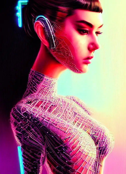 Prompt: photorealistic portrait of female humanoid, cyber neon lights, highly intricate, retro 6 0 s haute couture fashion, elegant, highly detailed, crispy quality, trending on artstation, trending on pinterest, glamor pose, no signature, no watermark, smooth, cinematic, art by artgerm and greg rutkowski