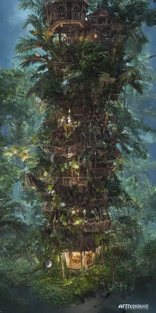 Image similar to ultra realistic and intricate detailed giant tropical tech treehouse on the middle of the tropical paradise, night, high technology, innovation, Dark evil style, artstation, unreal render, depth of field, ambient lighting, award winning, stunning