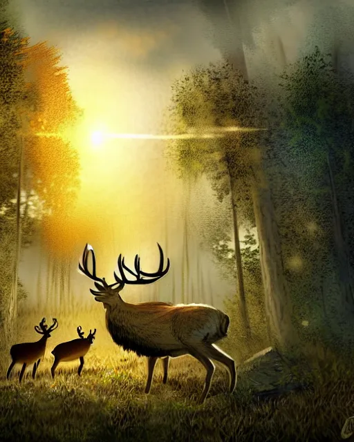 Image similar to a large potato shooting a deer in the woods with sun high above and cloudy, ultra realistic, concept art, intricate details, highly detailed
