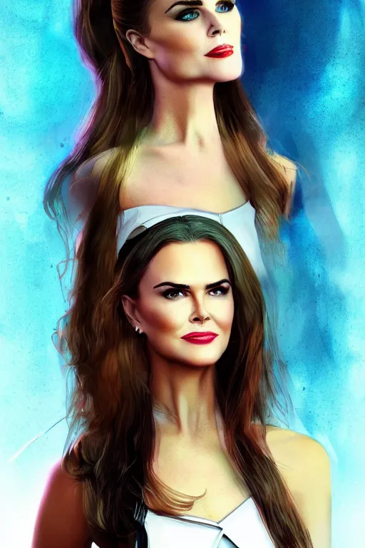 Image similar to portrait of a mix of beautiful young maria shriver, mariel hemmingway, brooke shields, nicole kidman and elle macpherson as catwoman, thin lips, hair tied up in a pony tail, colorful artstation, cgsociety