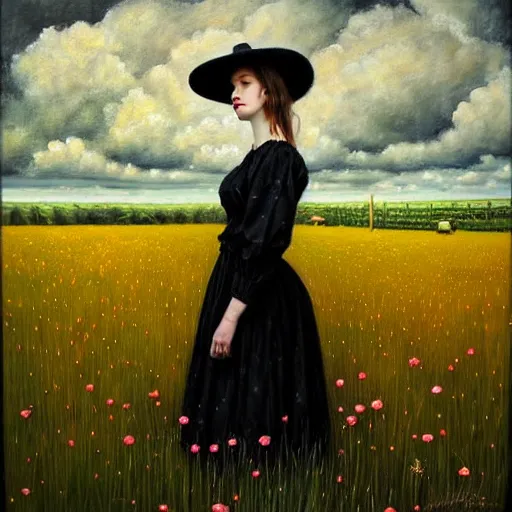 Image similar to a girl standing in a field, wearing black old dress and hat, by andrea kowch, andrea kowch style painting, dark, scene, magicrealism, flowers in background,