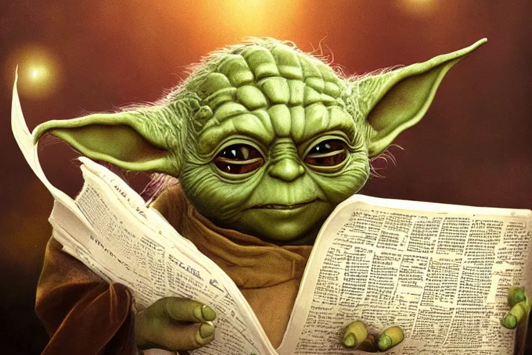 Image similar to a beautiful ultradetailed photo of yoda reading a newspaper in a monastery, by tom bagshaw and anna dittman, backlight, 3 5 mm lens, closeup shot, bokeh, golden ratio composition, sunset golden hour hues, very detailed, artstation, 8 k, highly coherent