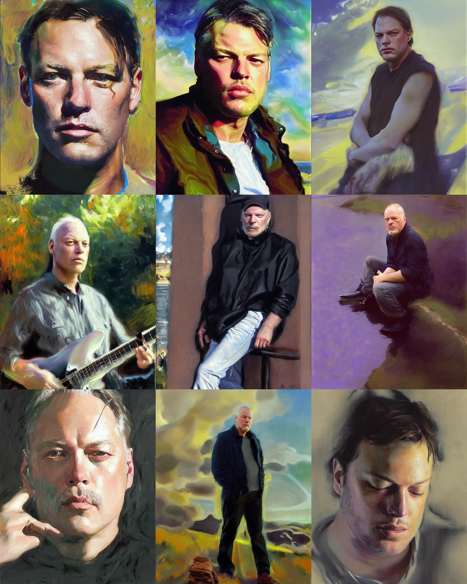 Prompt: david gilmour age 3 0, plein air portrait painting by john singer sargent, alex gey, donato giancola, fashion photography, background psychedelic