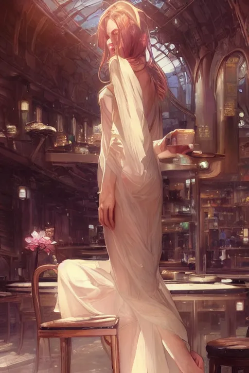 Image similar to an attractive serene cute android in a cafe, partially human , partially biomedical design , natural atmosphere, great high details, highly reaslitic, cinematic lighting, intricate, elegant, super highly detailed, art station, concept arD, beautiful, delicate, art by artgerm and greg rutkowski and alphonse mucha and loish and WLOP