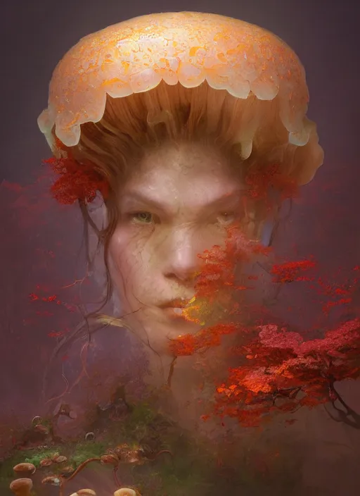 Prompt: Head of a forgotten Deity, translucent mushrooms, moss, extremly detailed digital painting, in the style of Fenghua Zhong and Ruan Jia and jeremy lipking and Peter Mohrbacher, mystical colors, rim light, beautiful lighting, 8k, stunning scene, raytracing, octane, trending on artstation