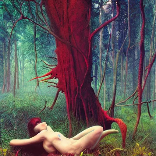 Image similar to corpse on forest floor, chromostereopsis beeple boris vallejo