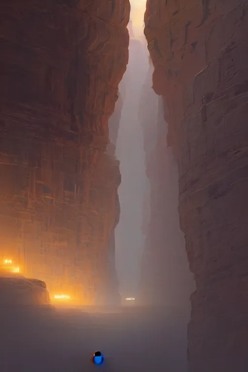 Image similar to monks walking through canyon to ancient yellow glowing temple, city of petra, light streaks in the sky, moon, dramatic lighting, artstation, matte painting, ralph mcquarrie, simon stalenhag