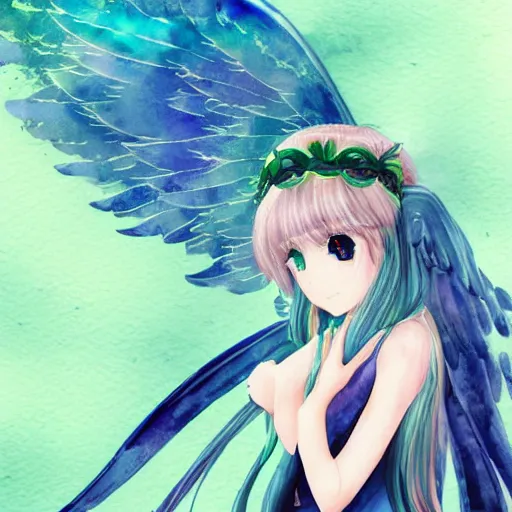 Prompt: beautiful watercolor anime girl with wings flying