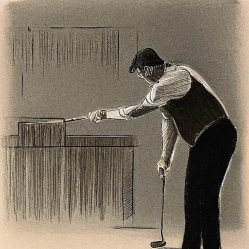 Prompt: a man playing golf in a courtroom, court sketch