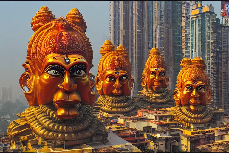 Image similar to high quality 3 d cyberpunk biomorphic hanuman head building in the middle of mumbai!!, kalighat highly detailed, cinematic smooth, stephen shore & john j. park, soft morning light, wide shot, high angle, uhd 8 k, deep focus