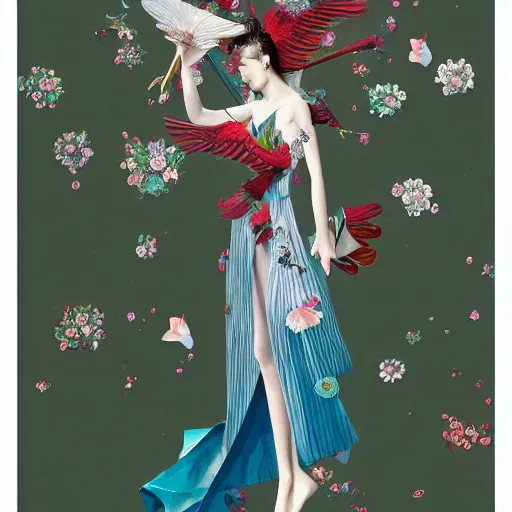 Image similar to 3 / 4 view of a beautiful girl wearing an origami!!! dress, eye - level medium shot, fine floral ornaments in cloth and hair, hummingbirds, elegant, by eiko ishioka, givenchy, by peter mohrbacher, serene, centered, fresh colors, origami, fashion, fine detailed illustration, vogue, japanese, reallusion character creator