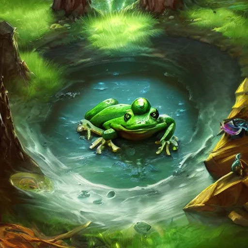 Image similar to beatiful art league of legends splash art of a frog in a swamp