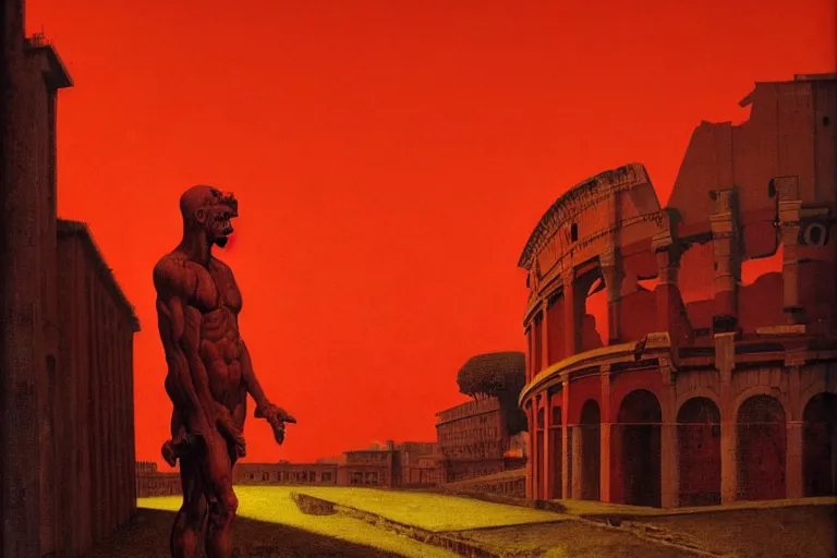 Image similar to only with red, caesar after war, a red tiger, in hoc signo vinces, rome in background, an ancient path, in the style of beksinski, part by hopper, part by rodcenko, part by hofbauer, intricate composition, red by caravaggio, insanely quality, highly detailed, masterpiece, red light, artstation