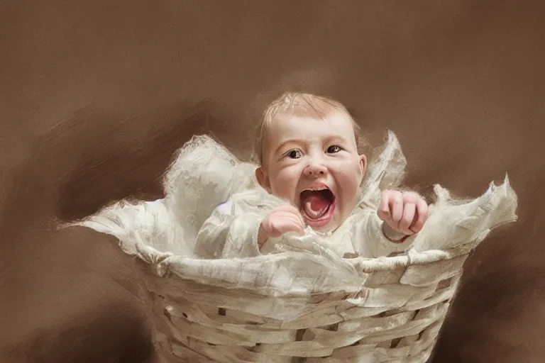 Prompt: epic concept art of a white baby squealing in a basket. by ashley wood and j. m. w. turner, speed painting, photo bash, cinematic angle, super detailing,