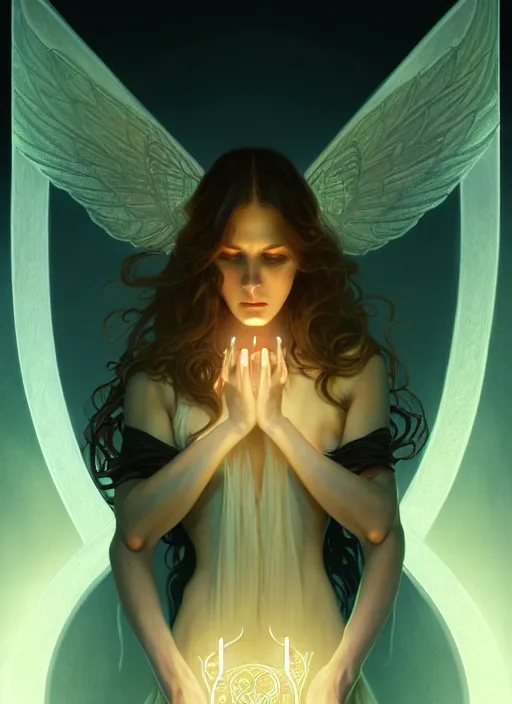 Prompt: symmetry!! demon afraid of angel, glowing lights!! intricate, elegant, good vs evil, highly detailed, digital painting, artstation, concept art, smooth, sharp focus, illustration, art by artgerm and greg rutkowski and alphonse mucha, 8 k