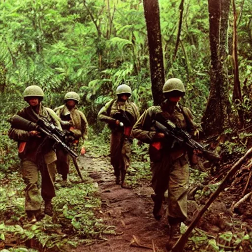 Prompt: wide shot, a formation of American Soldiers patrolling deep in the thick, Vietnamese forest in 1969, painting, colored