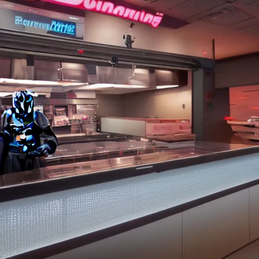 Image similar to darth vador working at dunkin donuts , 8k cinematic lighting, very sharp detail, anatomically correct