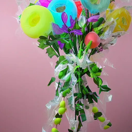 Prompt: an inflatable transparent flower bouquet