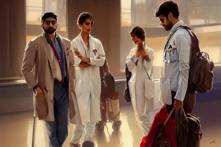 Image similar to Anxious good looking pale young Indian doctors wearing American clothes chatting at the airport, portrait, elegant, intricate, digital painting, artstation, concept art, smooth, sharp focus, illustration, art by artgerm and greg rutkowski and alphonse mucha