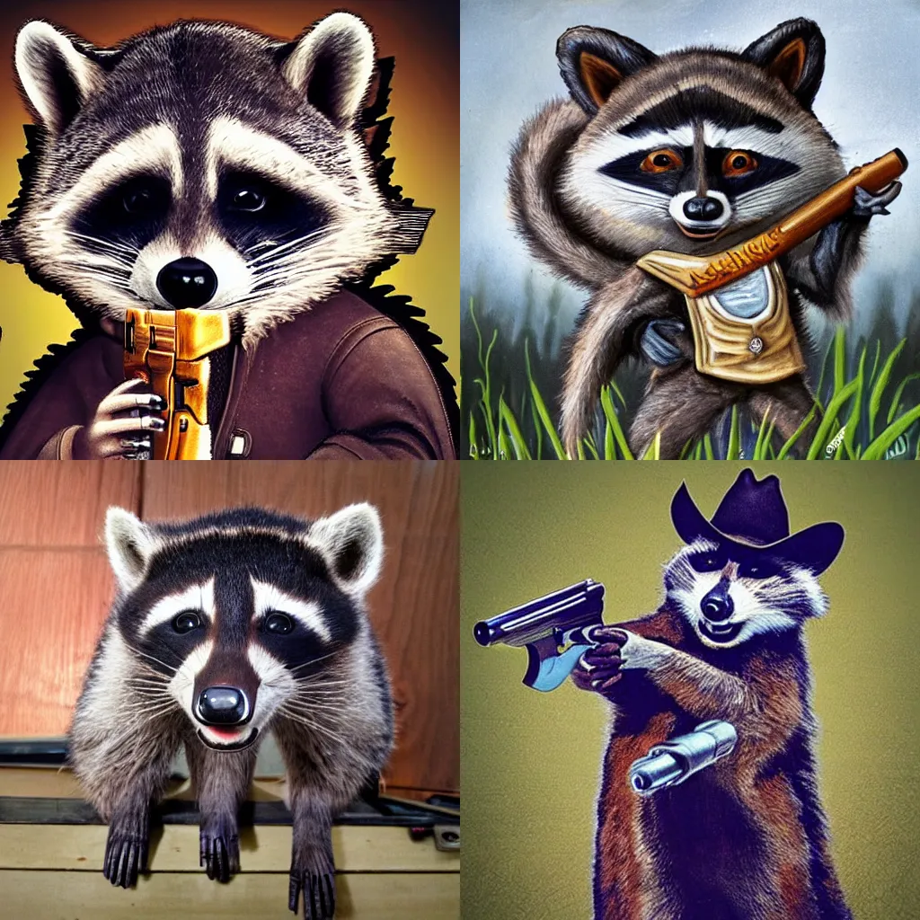 Prompt: a cowboy raccoon shooting a revolver