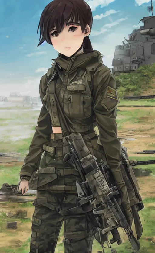 Image similar to portrait of a female soldier, highly detailed, high resolution, military camp in the background, the front of a modern trading card, illustration, character concept art, stunning, girls frontline style, by mangaka, matte, 100mm, by shibafu, by animation studio mappa, realistic human anatomy, realistic military carrier, modern warfare, realistic weapon, digitally draw on wacom tablet, low saturation, small eyes