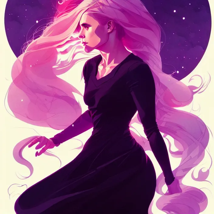 Image similar to style artgerm, joshua middleton, conrad roset, beautiful kristen bell with black dress, very long white hair, symmetrical face, symmetrical eyes, purple fire powers fire swirling, detailed, forest setting, cinematic lighting