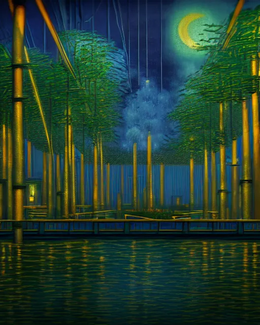 Image similar to industrial architecture by vincent van gogh, myst tron nature laser at night rainforest forest atlantis lightpaint infrared futuristic water neptune azeroth dramatic lighting vice city at dusk evil, archdaily, wallpaper, highly detailed, trending on artstation.