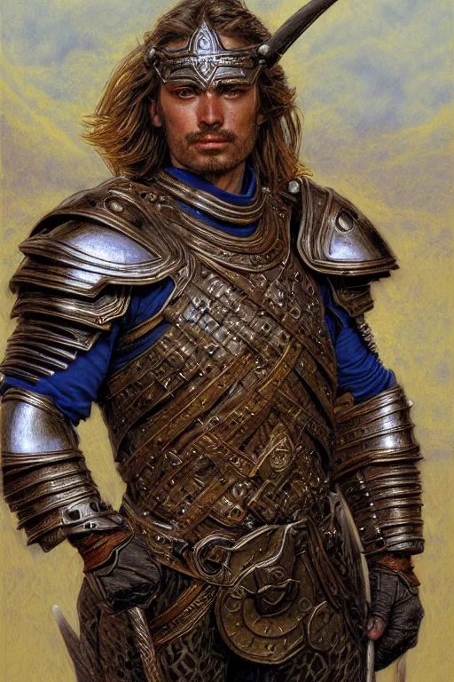 Image similar to head and shoulders portrait of a warrior, male, breastplate, magical, high fantasy, d & d, by donato giancola, face details, extremely detailed, digital illustration