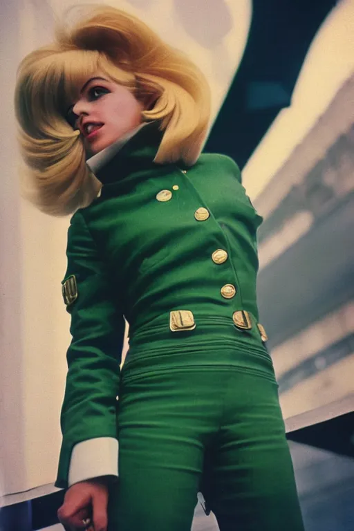 Prompt: ektachrome, 3 5 mm, highly detailed : incredibly realistic, perfect features, blond, beautiful three point perspective extreme closeup 3 / 4 portrait photo in style of chiaroscuro style 1 9 7 0 s frontiers in flight suit cosplay paris seinen manga street photography vogue fashion edition