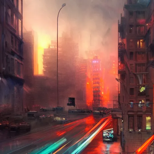 Prompt: wide angle, buildings and city on fire at night, with police and firetrucks on street, stormy blue and red sky mystery mist, police car lights, 4 k highly detailed art, concept art, trending on artstation, alphone mucha, artgerm, greg rutkowski, octane render, cinematic lighting, intricate, sharp focus