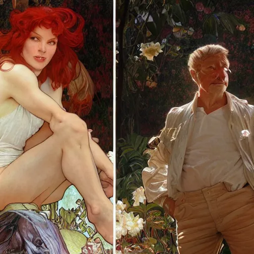 Prompt: James Coburn with red hair and long pixie haircut in shorts and white shirt drawn by Donato Giancola and Jon Foster, frank frazetta, alphonse mucha, background by James Jean and gustav klimt, 4k, volumetric lighting, french nouveau, trending on artstation, octane render, hyperrealistic