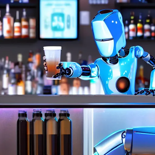 Prompt: a robot is at the sports bar and orders a drink. (TY beanie baby puppy dog) bartender, 8k, ultrarealistic, cgsociety.