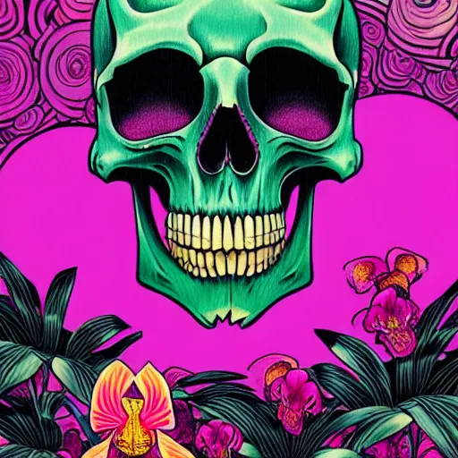 Image similar to ortographic view of a large skull and vivid orchids by Jen Bartel and Dan Mumford and Satoshi Kon, gouache illustration